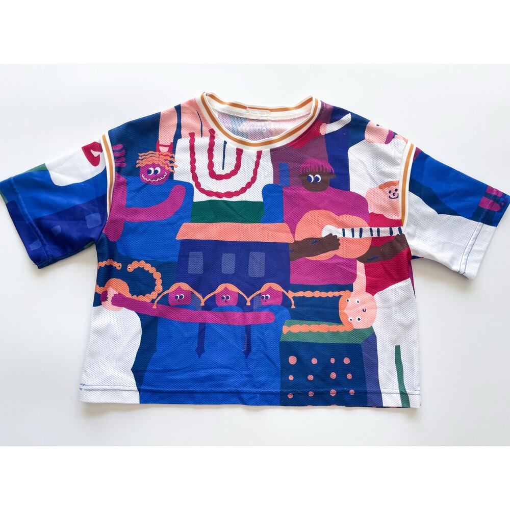 Colorful Abstract Artsy Cropped Mesh T-Shirt Size M